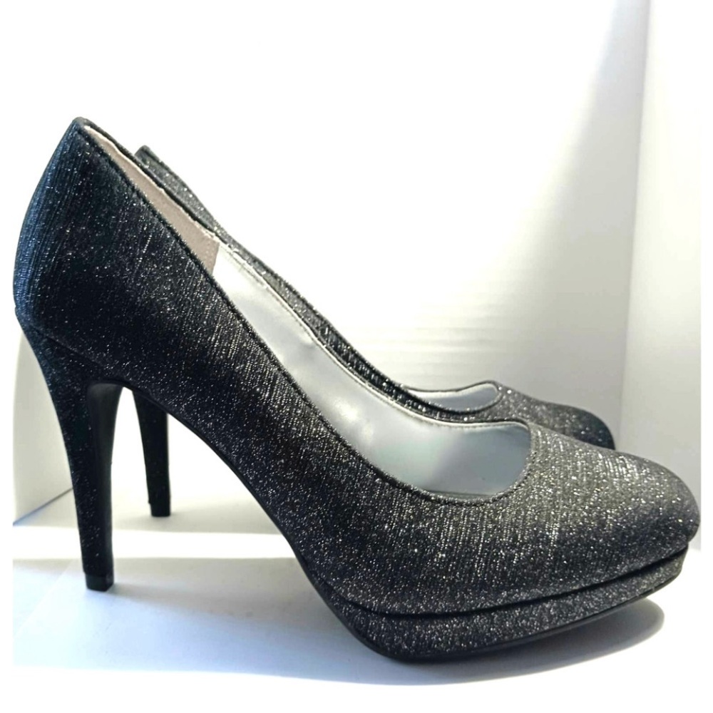 Fioni Night Wedding Party Black Silver Glitter Heels Shoes Sz 6 Women’s